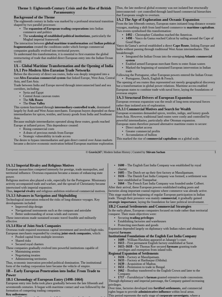 Modern Indian History Theme 1 Notes | PDF | Mughal Empire