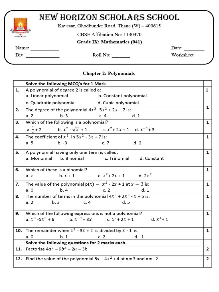 Grade 9 Polynomials-Question Worksheet 2025 | PDF | Polynomial ...