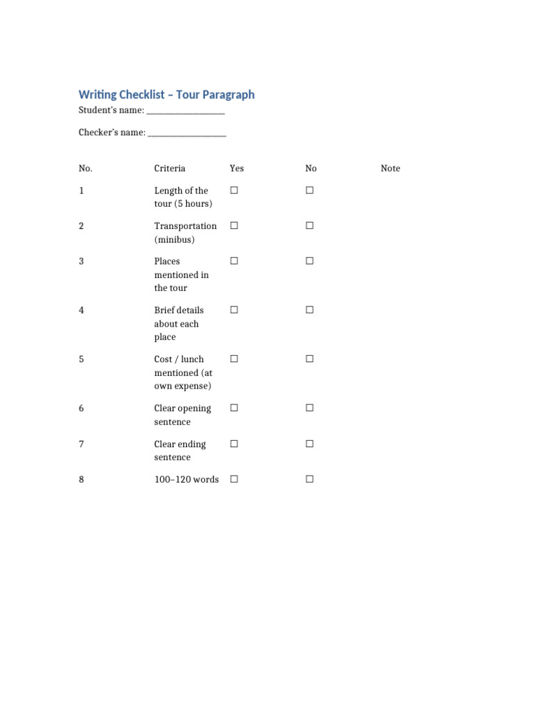 Writing Checklist Tour Paragraph | PDF