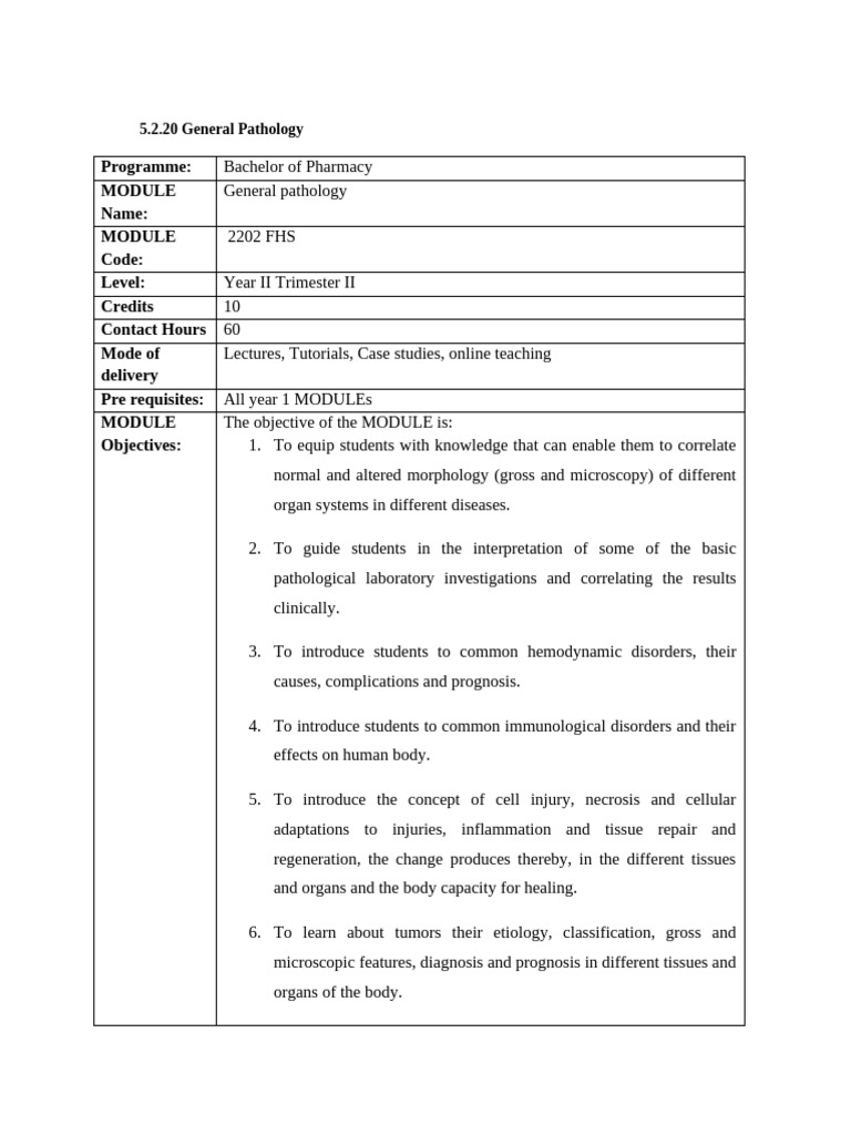 Course Outline For General Pathology | PDF