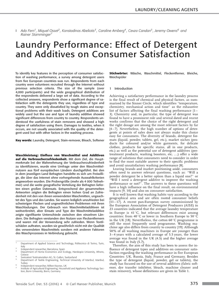 Laundry Performance: Effect of Detergent and Additives On Consumer ...