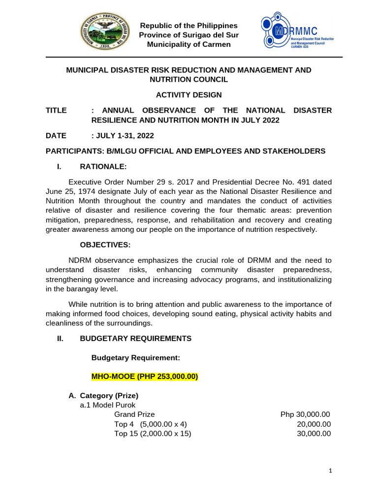 Activity Design On Disaster Month | PDF | Emergency Management
