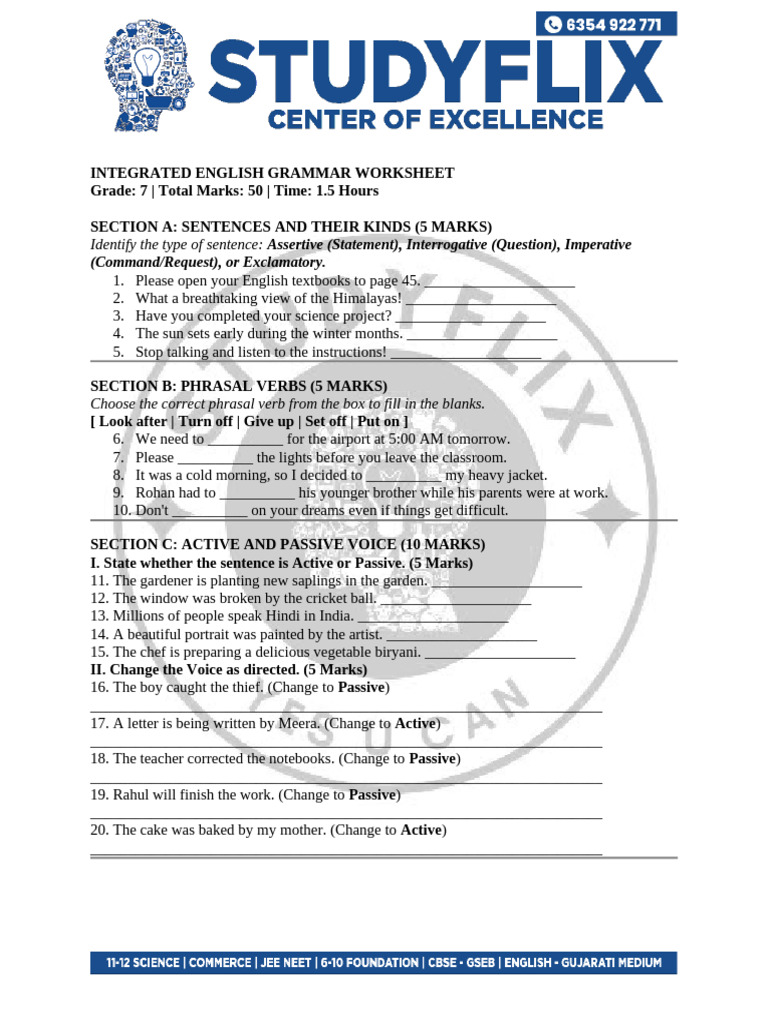 Class 7th Grmmar Practice | PDF | Language Mechanics | Syntax