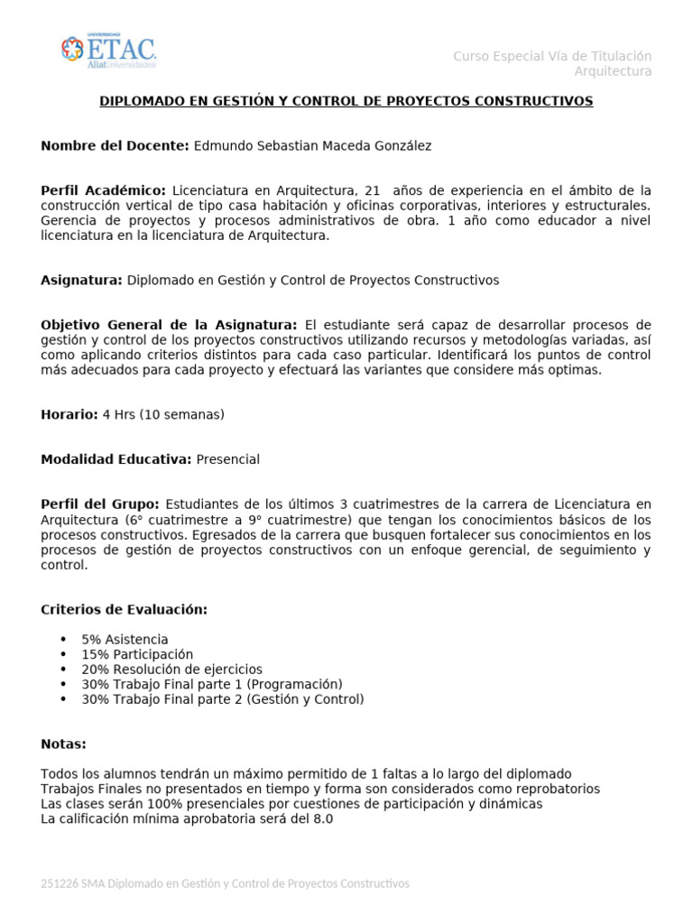 Diplomado Gestion y Control de Proyectos Constructivos | PDF | Business ...