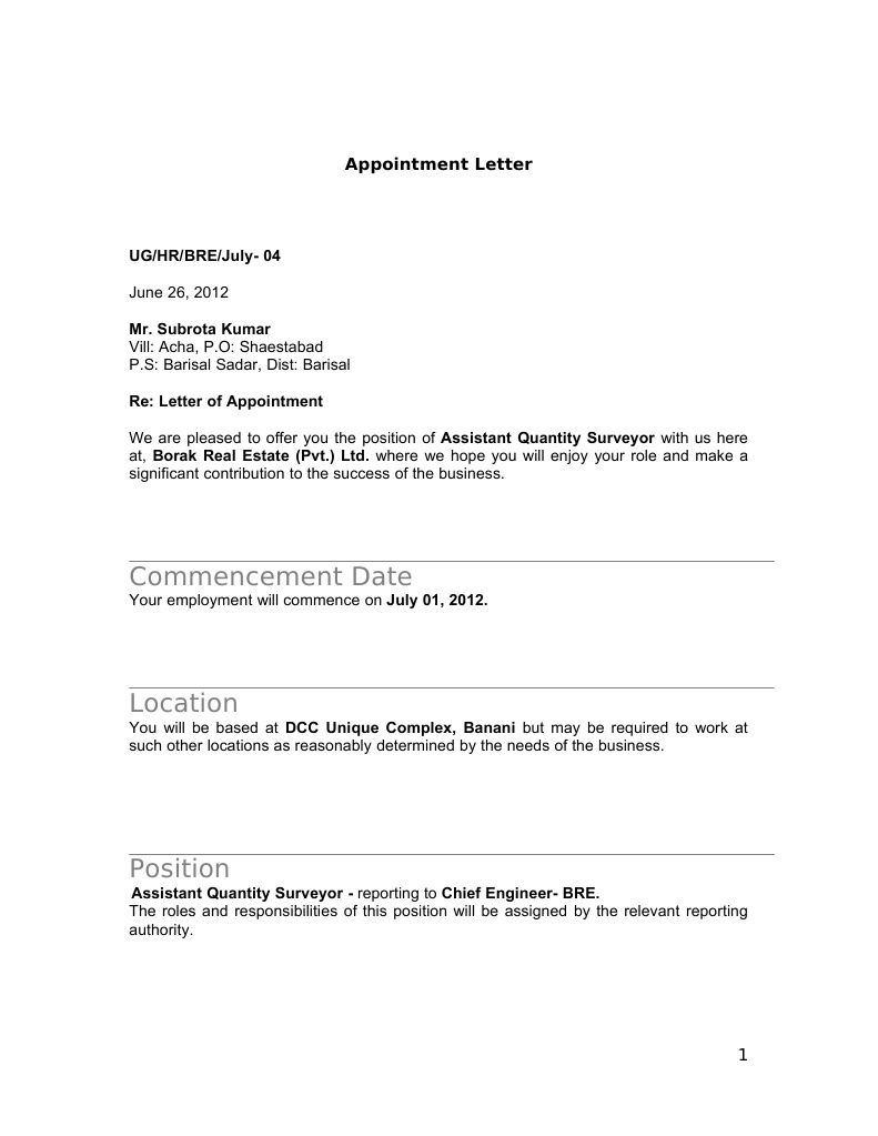 Commencement Date: Appointment Letter | PDF | Confidentiality | Privacy