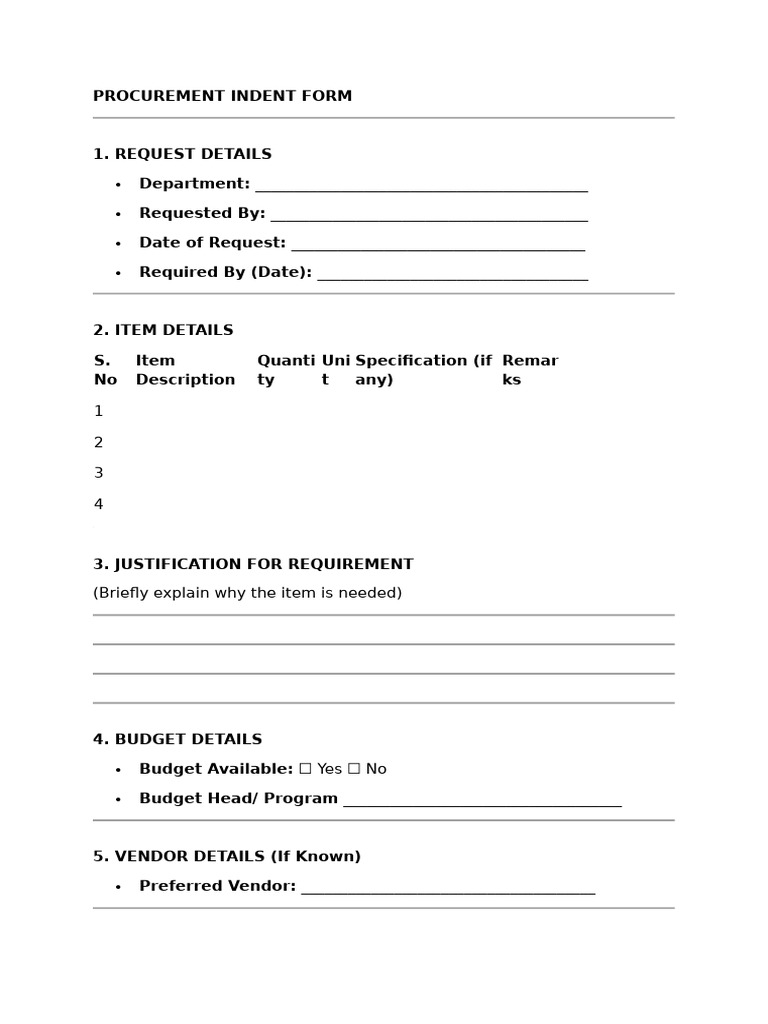 Procurement Indent Form | PDF