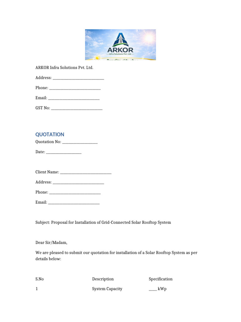 ARKOR Solar Rooftop Quotation Format | PDF