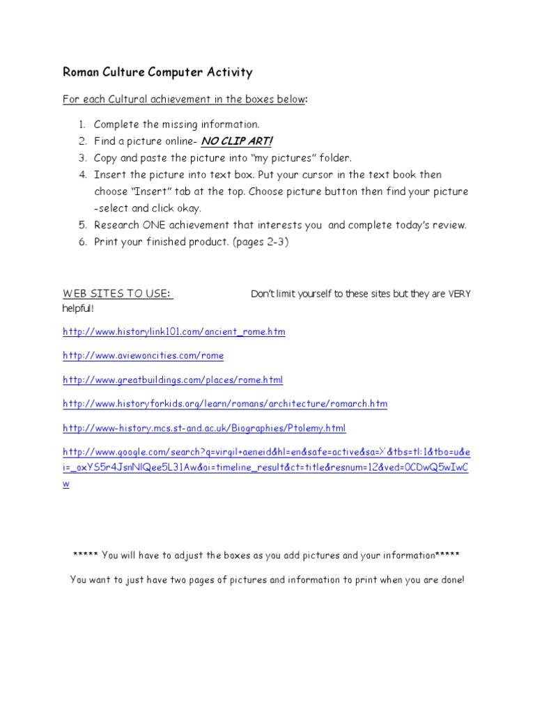 Roman Cultural Achievements Activity | PDF | Ancient Rome | Rome
