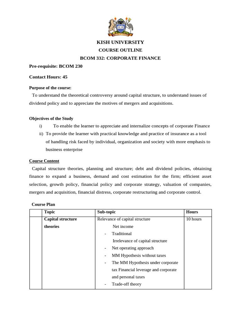 Course Outline | PDF | Capital Structure | Valuation (Finance)
