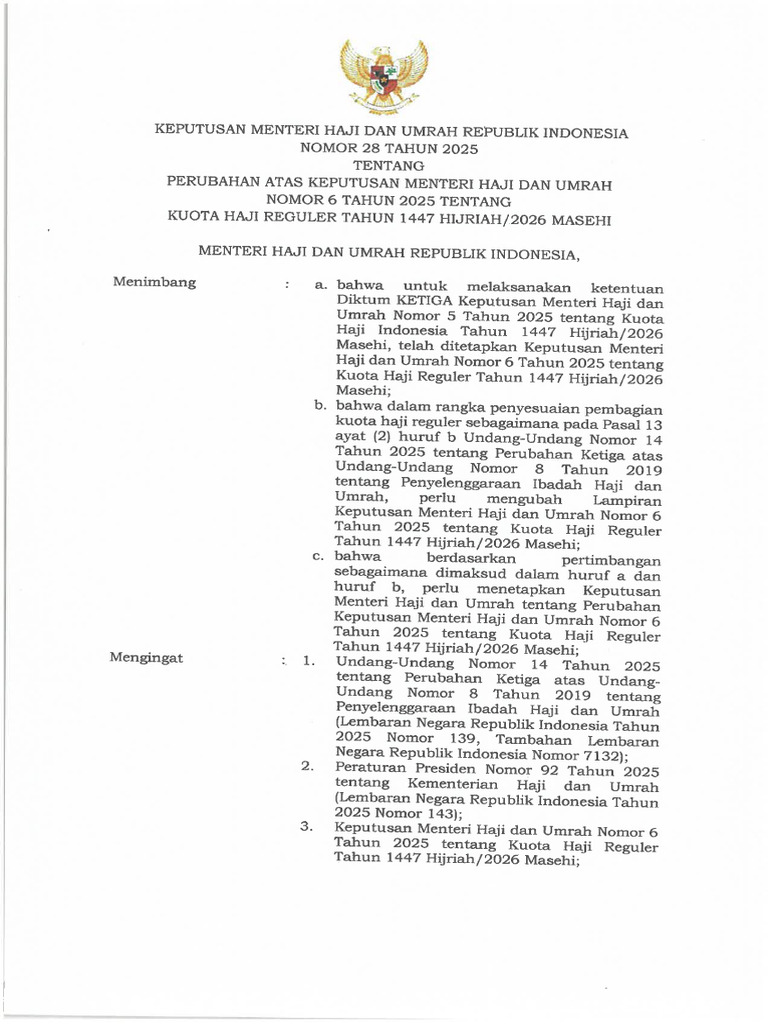 KMHU 28 2025 Perubahan KMHU 6 2025 Kuota Haji Reguler 1447H 2026M | PDF