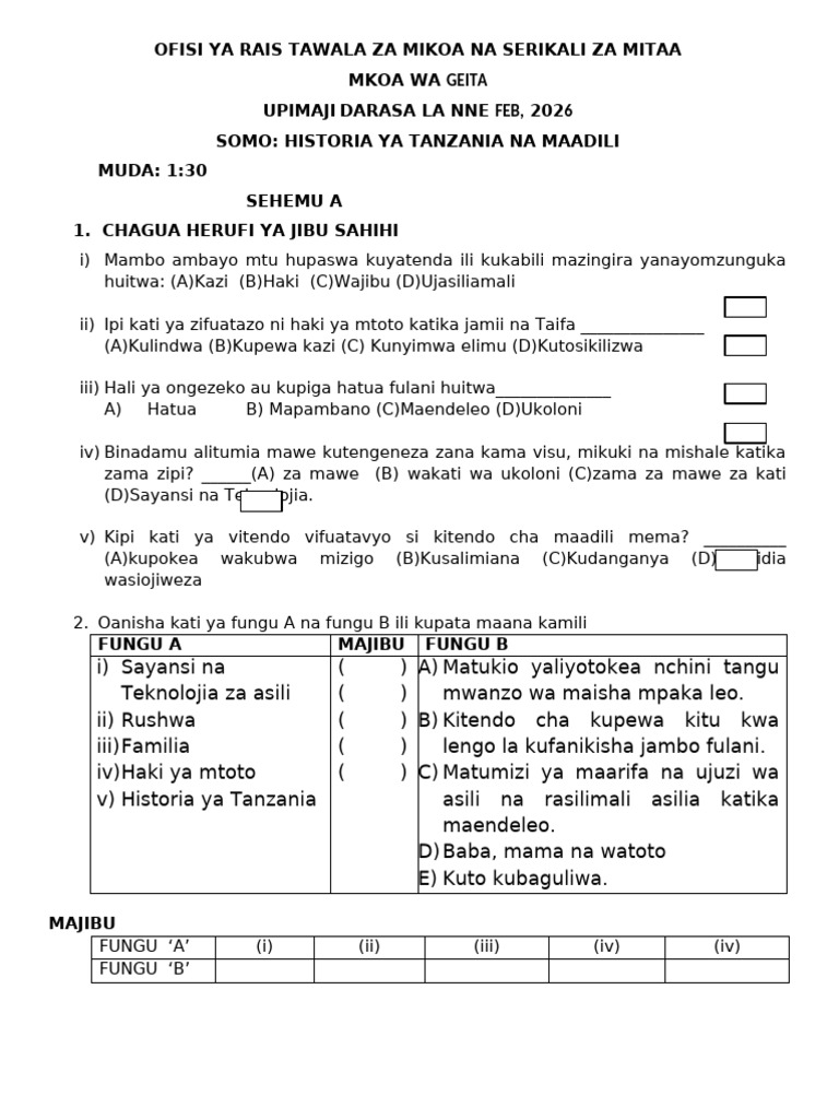 Historia Ya Tanzania Na Maadili (STD IV) 2025 | PDF
