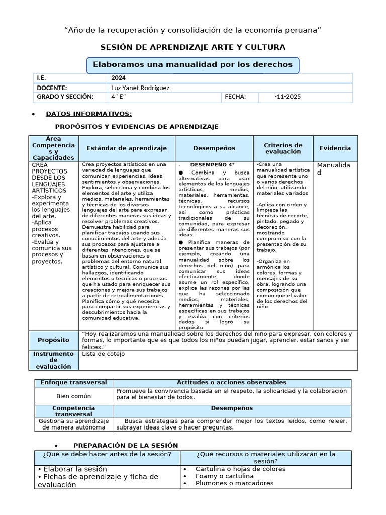4° Ses Ayc Vier 21 Manualidad Derechos | PDF | Evaluación | Aprendizaje