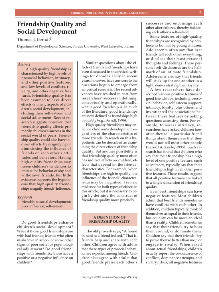 Berndt 2002 Friendship Quality and Social Development | PDF | Self ...