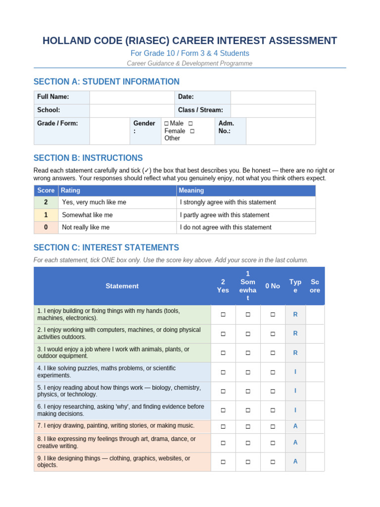 Holland Code Assessment Form | PDF