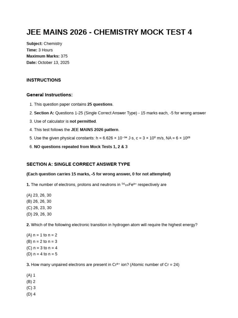 JEE MAINS 2026 Chemistry Mock Test 4 Questions | PDF