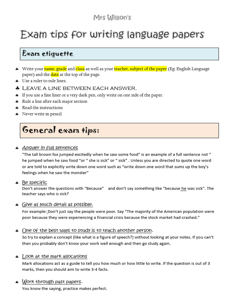 Exam Tips For Writing Language Papers | PDF | Part Of Speech | Grammar