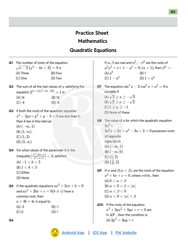 Quadratic Equations - Practice Sheet | PDF | Equations | Algebra