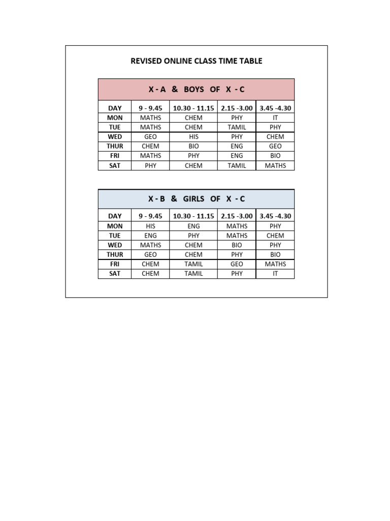 Grade 10 - Revised Time Table | PDF