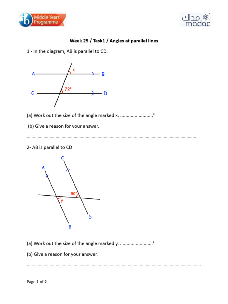 Angles at Parallel Lines HW1 | PDF