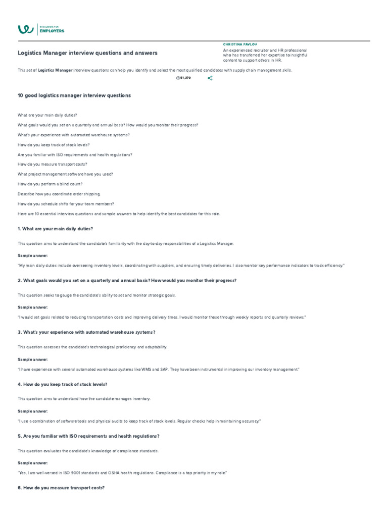 10+ Proven Logistics Manager Interview Questions (+answers) | PDF ...