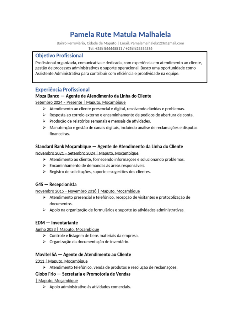 CV Pamela Rute Malhalela Moderno | PDF | Gestão de relacionamento com o ...