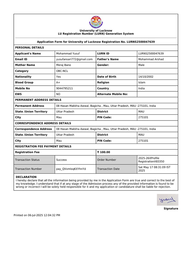 LU Application Form | PDF