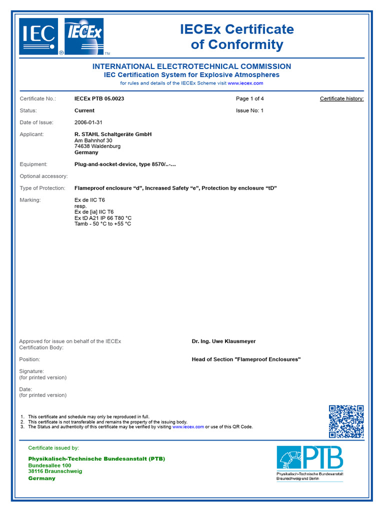 IECEx PTB 05.0023 001 | PDF | Electrical Connector | Electricity