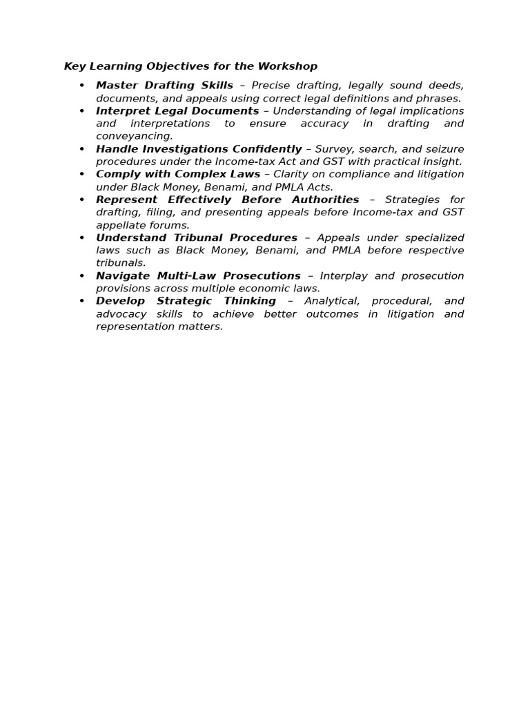 Key Learning Objectives For The Workshop | PDF