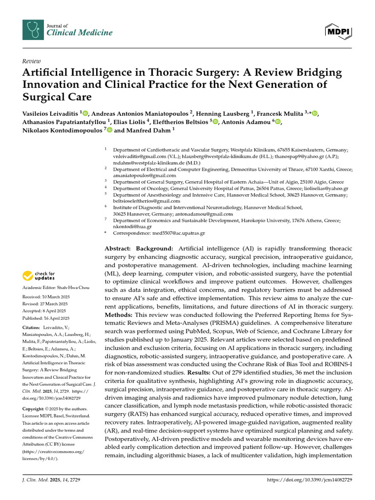 Artificial Intelligence in Thoracic Surgery - A Review Bridging ...