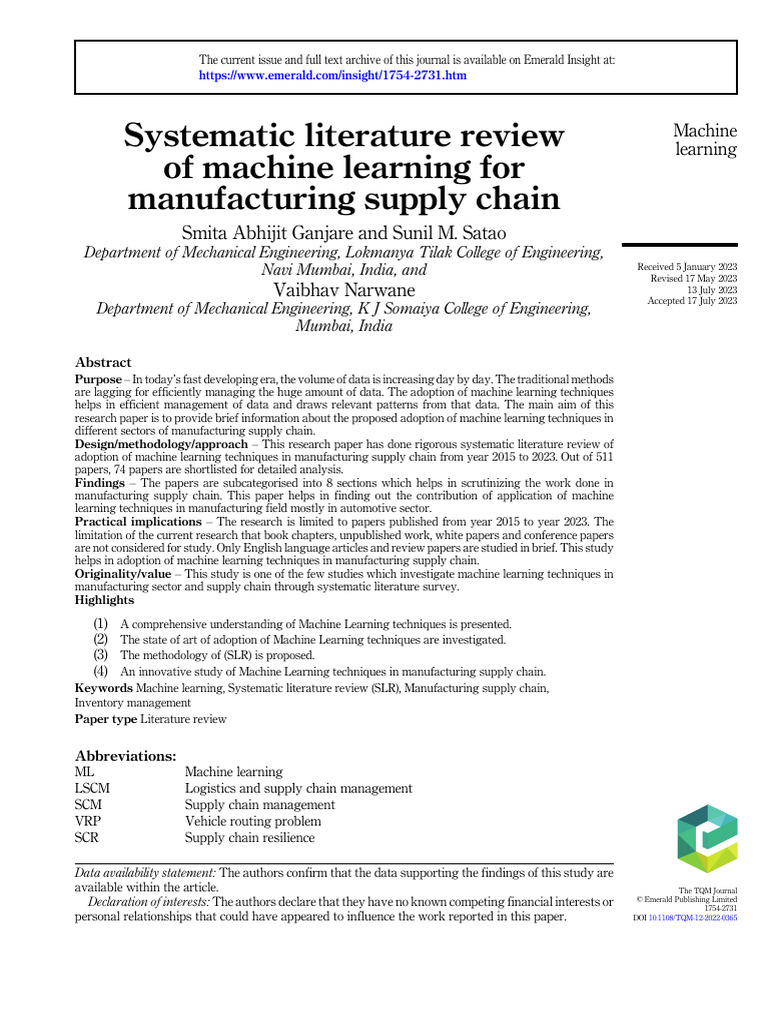 Systematic Literature Review of Machine Learning For Manufacturing ...