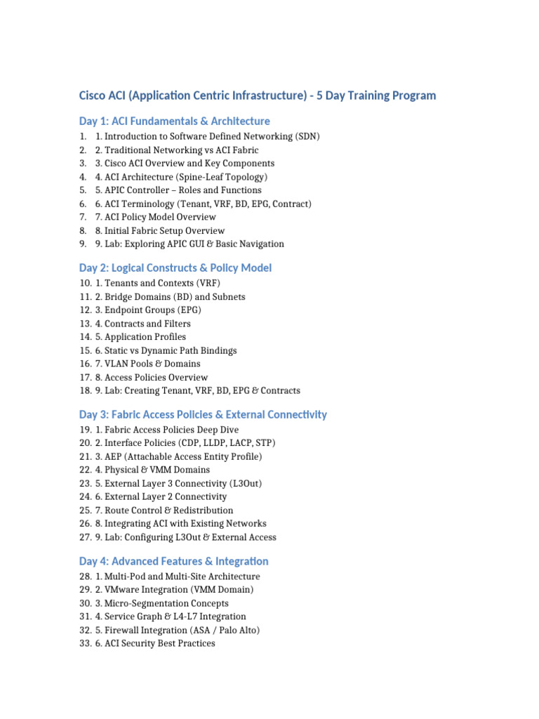 Cisco ACI 5 Day TOC | PDF