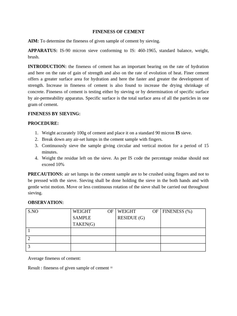 Fineness of Cement | PDF