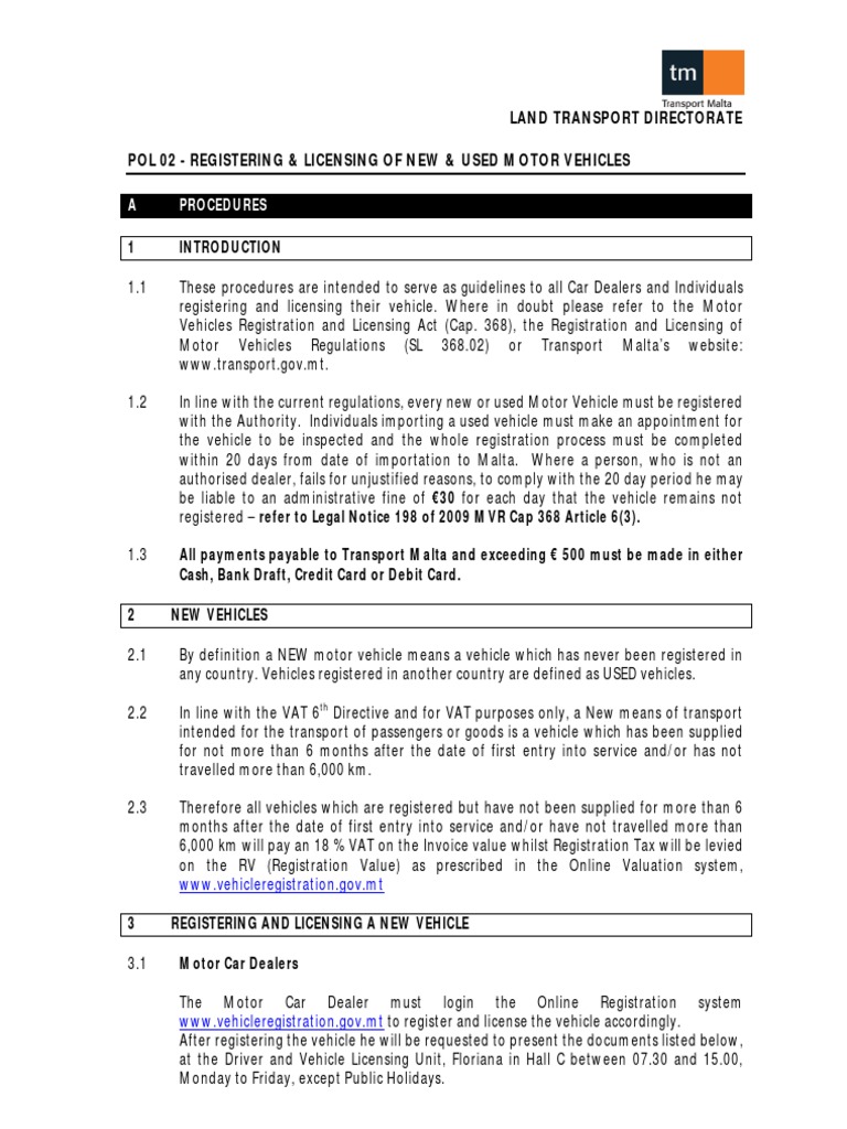 Malta Car Registration Guidelines Vehicles Emission Standard