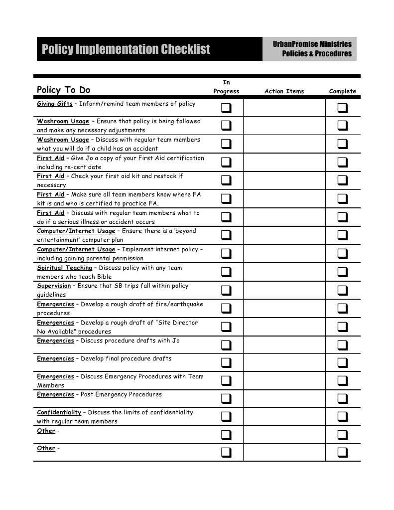 Policy Implementation Checklist Guide | PDF | Safety | First Aid