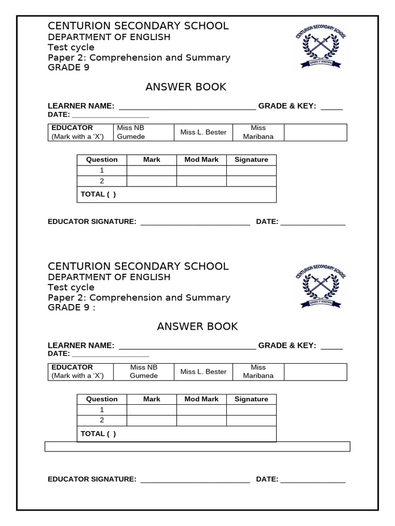 Cover Page Answer Book Grade 8 and 9 | PDF