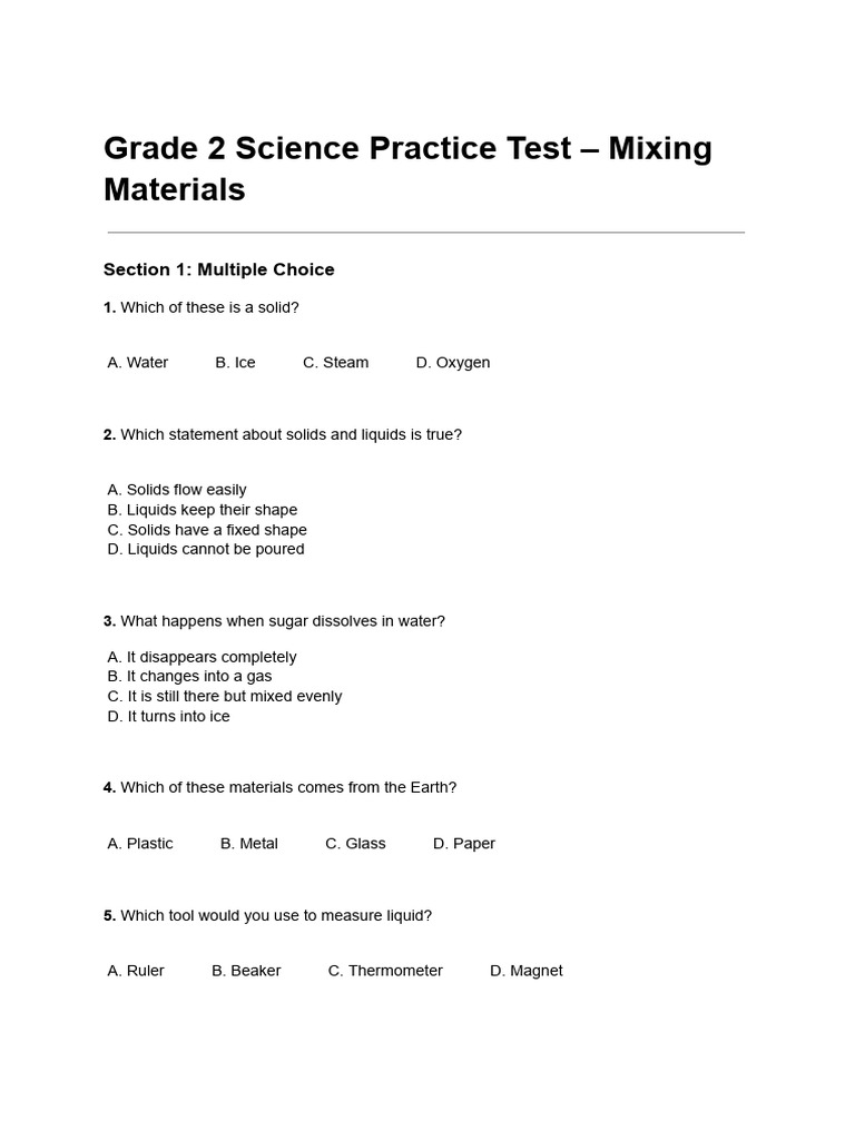 Grade 2 Science Practice Test - Mixing Materials | PDF