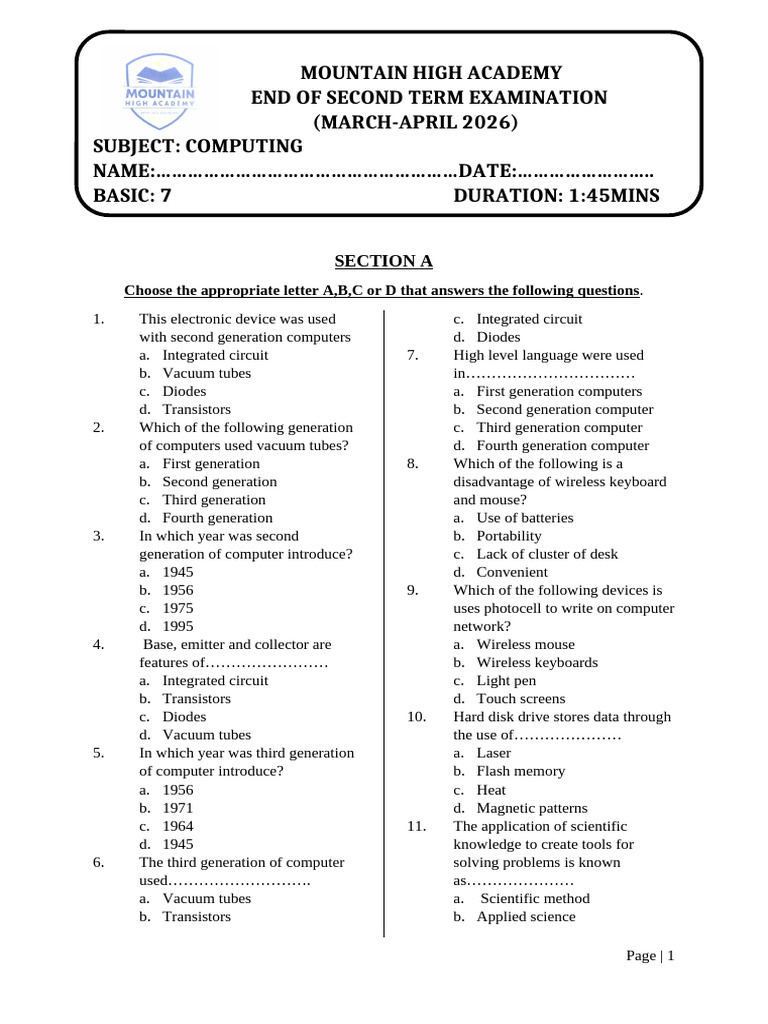 Basic 7 Computing 2026 | PDF | Headache | Spreadsheet