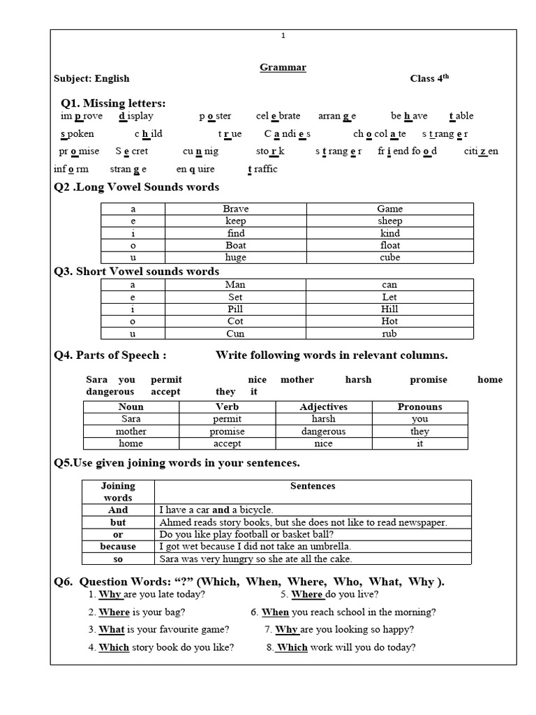English 4th Class Notes 2026 | PDF | Grammatical Tense | Part Of Speech