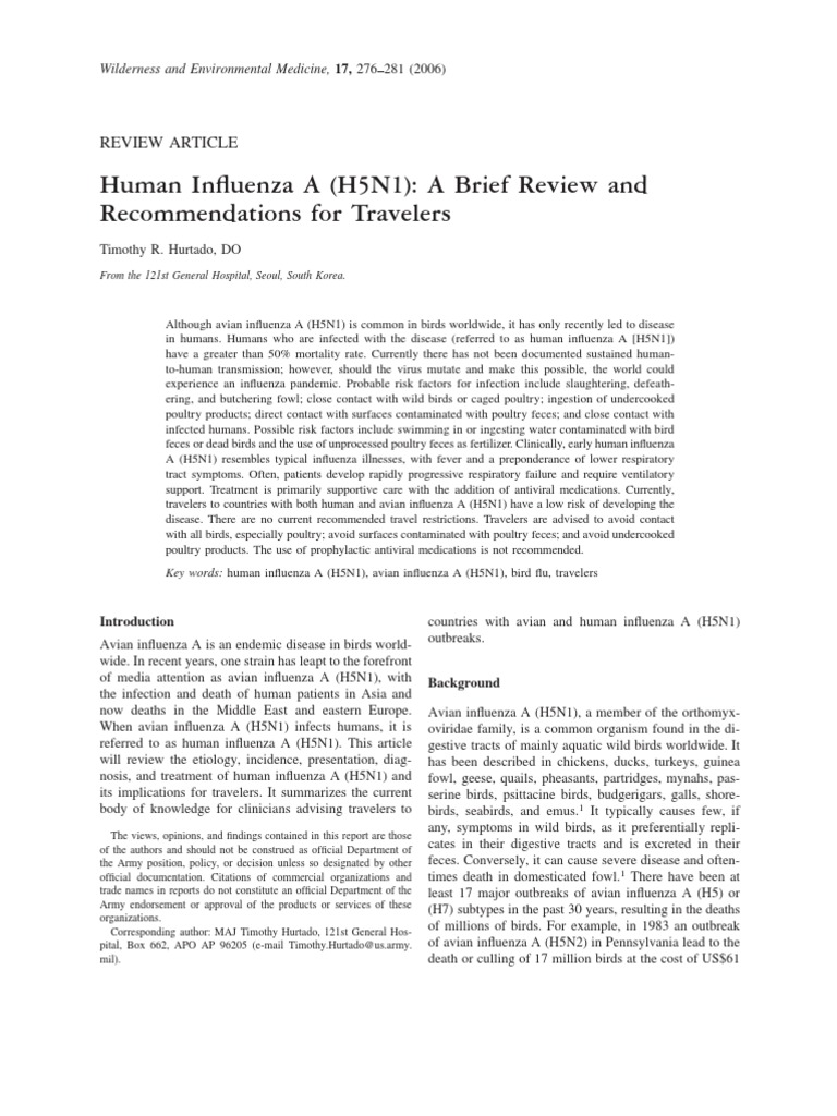 Human Influenza A (H5N1) : A Brief Review and Recommendations For ...