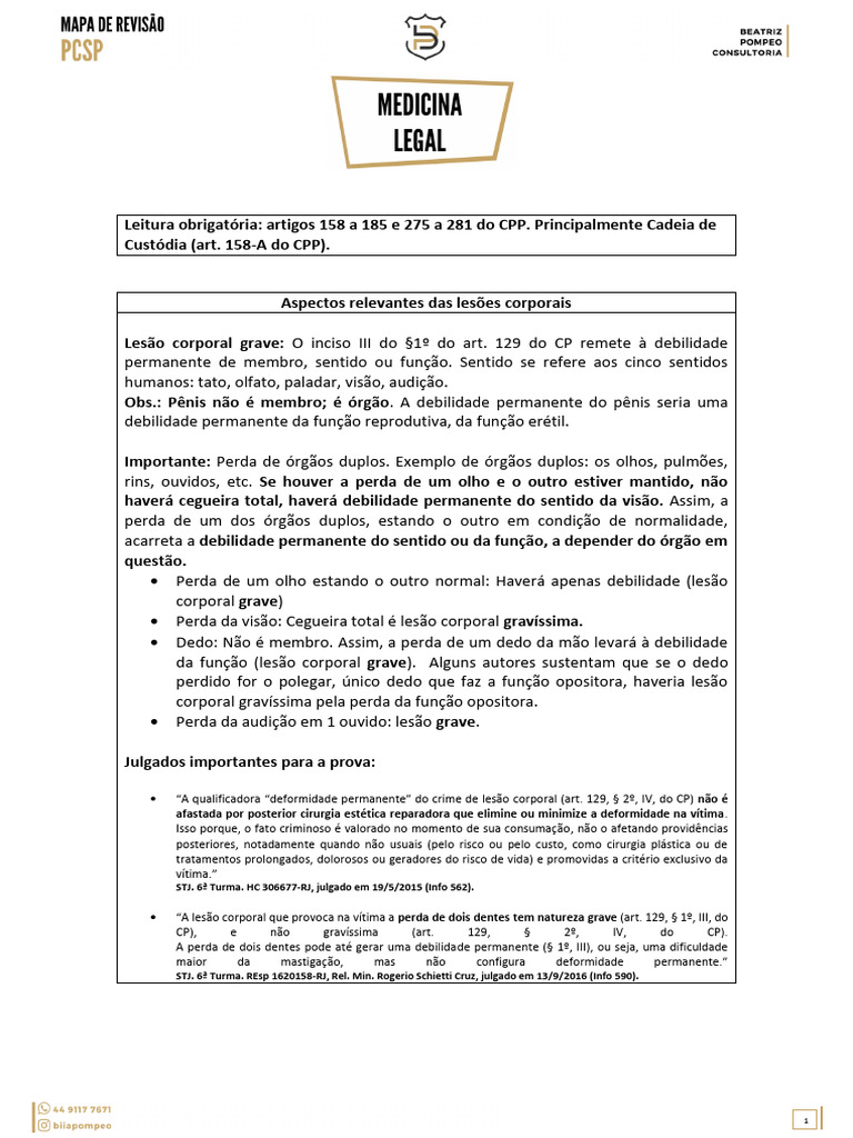 Mapa de Revisão PCSP - Medicina Legal | PDF | Lesão corporal (crime ...