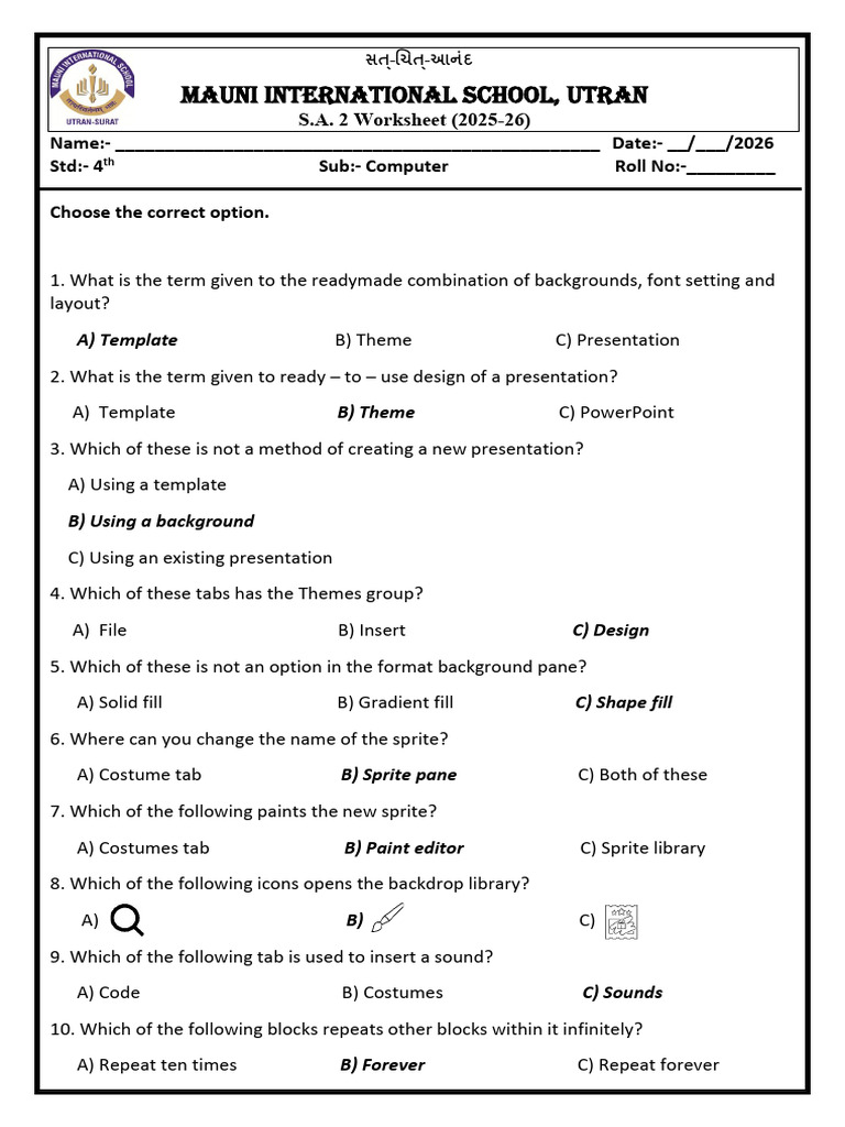 S A 2 STD 4 Computer Worksheet With Answers | PDF