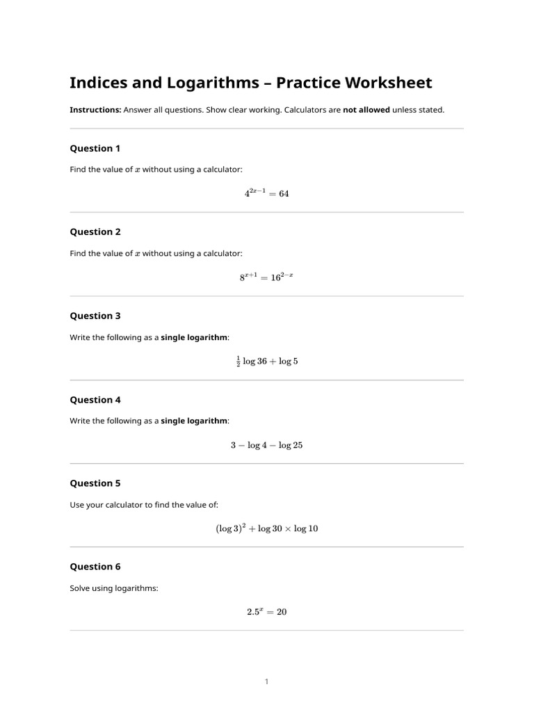 Indices and Logarithms Worksheet | PDF