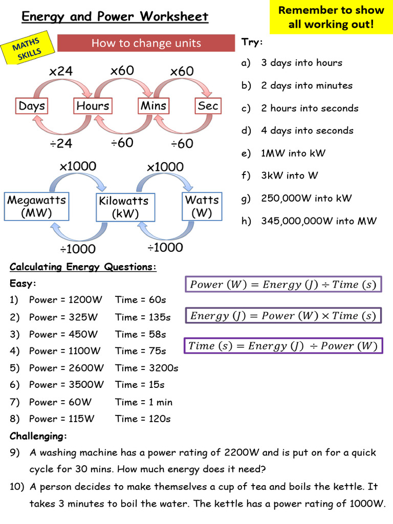 Energy and Power Worksheet | PDF | Watt | Power (Physics)