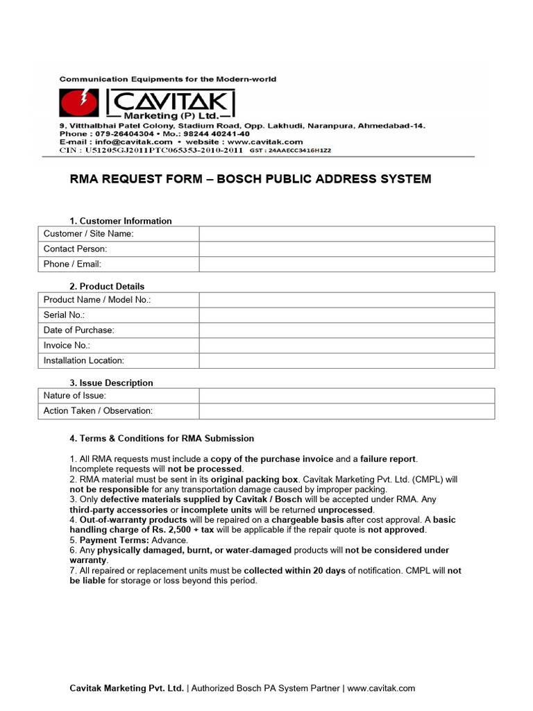 RMA Request Form Bosch PA System | PDF