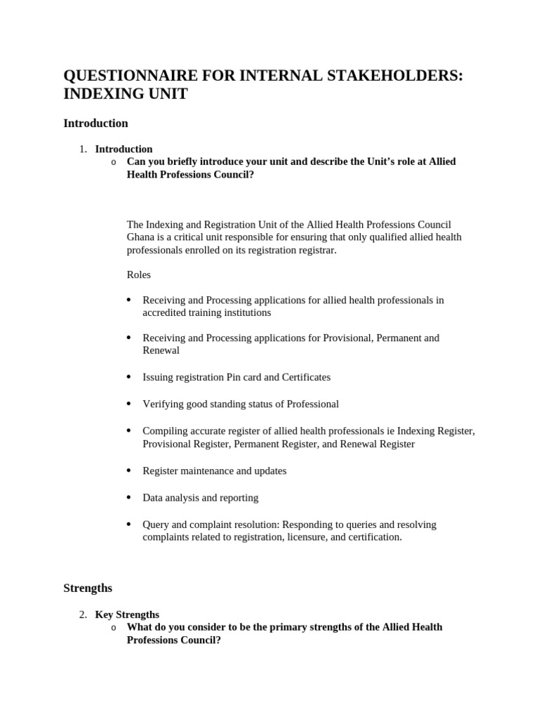 Questionnaire For Internal StakehoLders - INDEXING UNIT - Asd Edit ...
