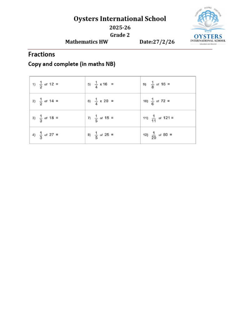 Grade2 Fractions HW 27.2 | PDF