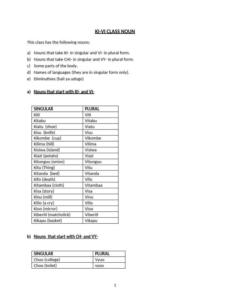 Ki-Vi Class Noun | PDF | Plural | Grammatical Number