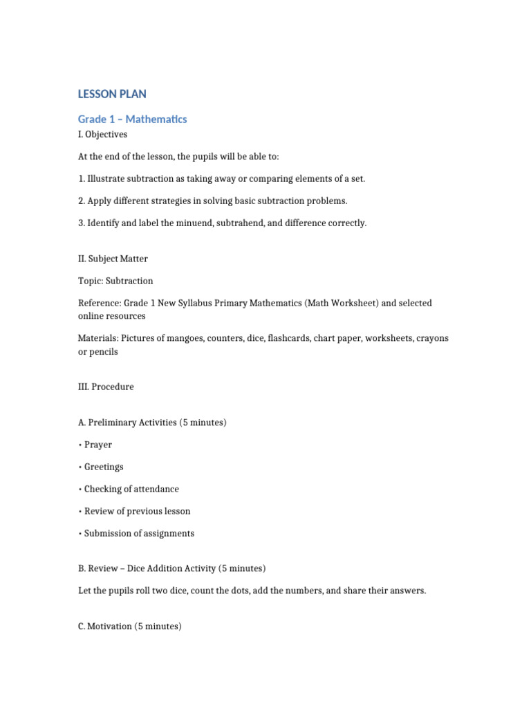 Grade 1 Math Lesson Plan Subtraction | PDF