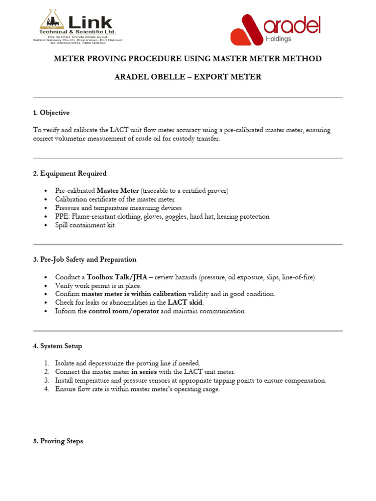 Meter Proving Procedure Using Master Meter Method | PDF | Calibration ...