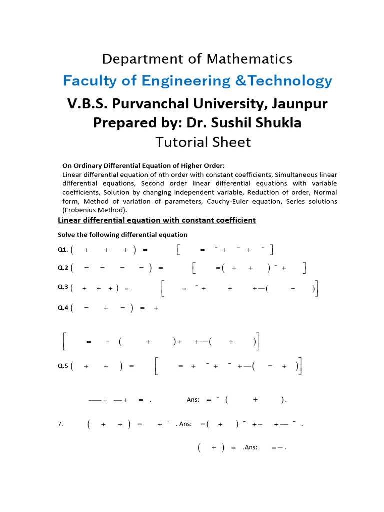 Unit II Tutorial Sheet ODE | PDF | Equations | Ordinary Differential ...